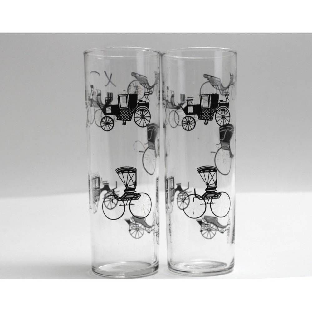 Vintage Horse Drawn Carriage Highball Glasses Set of 2 Black White Tall 7 inch